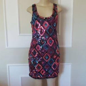 Trina Turk Sequin Mini Dress Retro Disco Purple Pink Blue Geometric cocktail